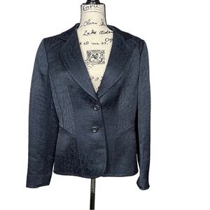 Ellen Tracy Wool Blend Snake Skin Print Texture Navy Blazer Size 8